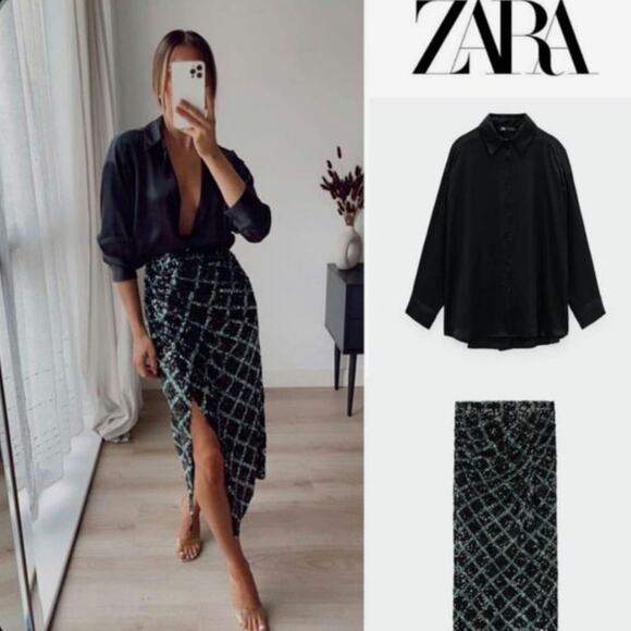 Zara Black Sequin midi skirt holiday gala Christmas formal slit - Picture 11 of 12